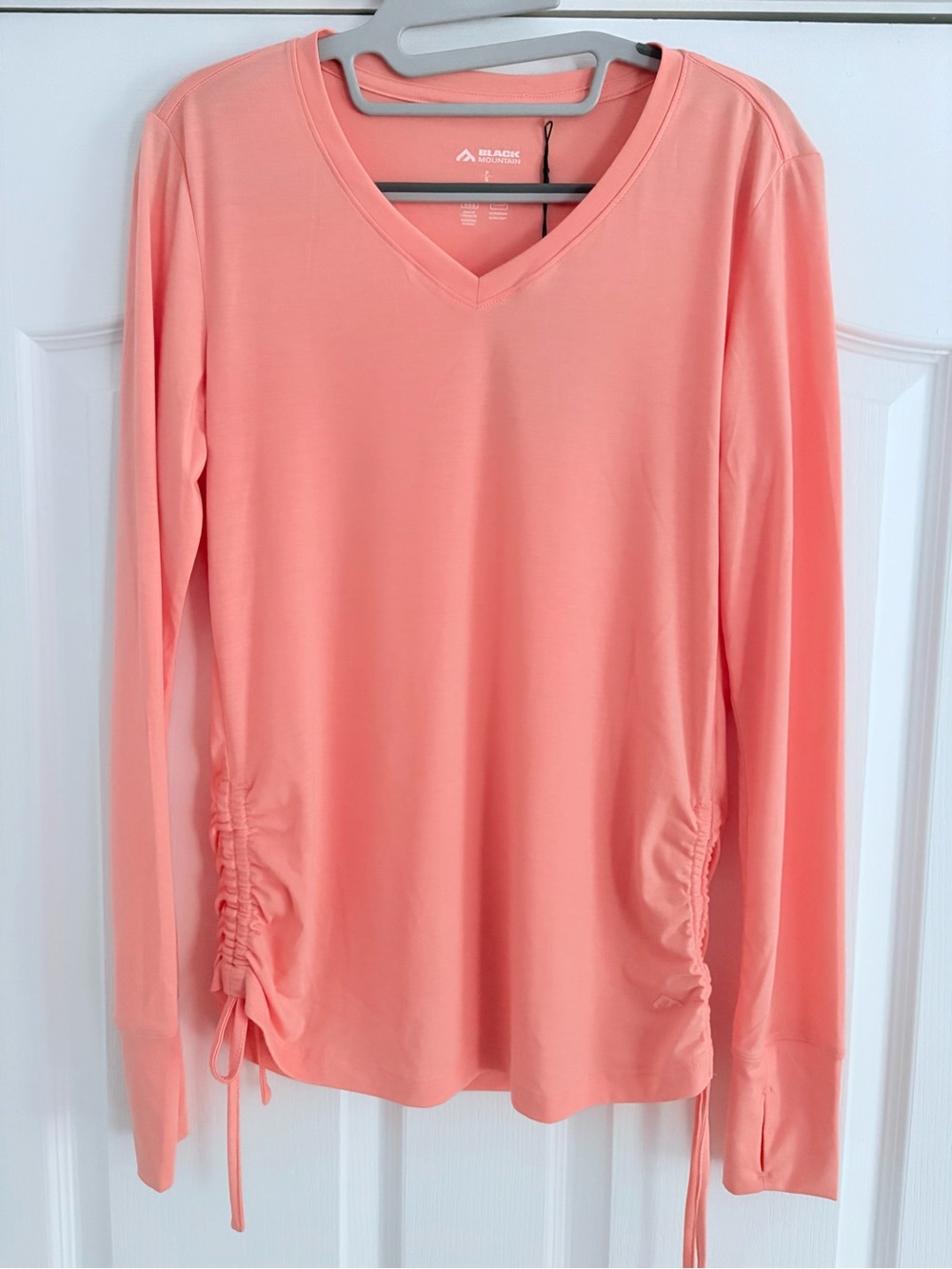 Coral V-Neck Long Sleeve Top with Side Ruching
